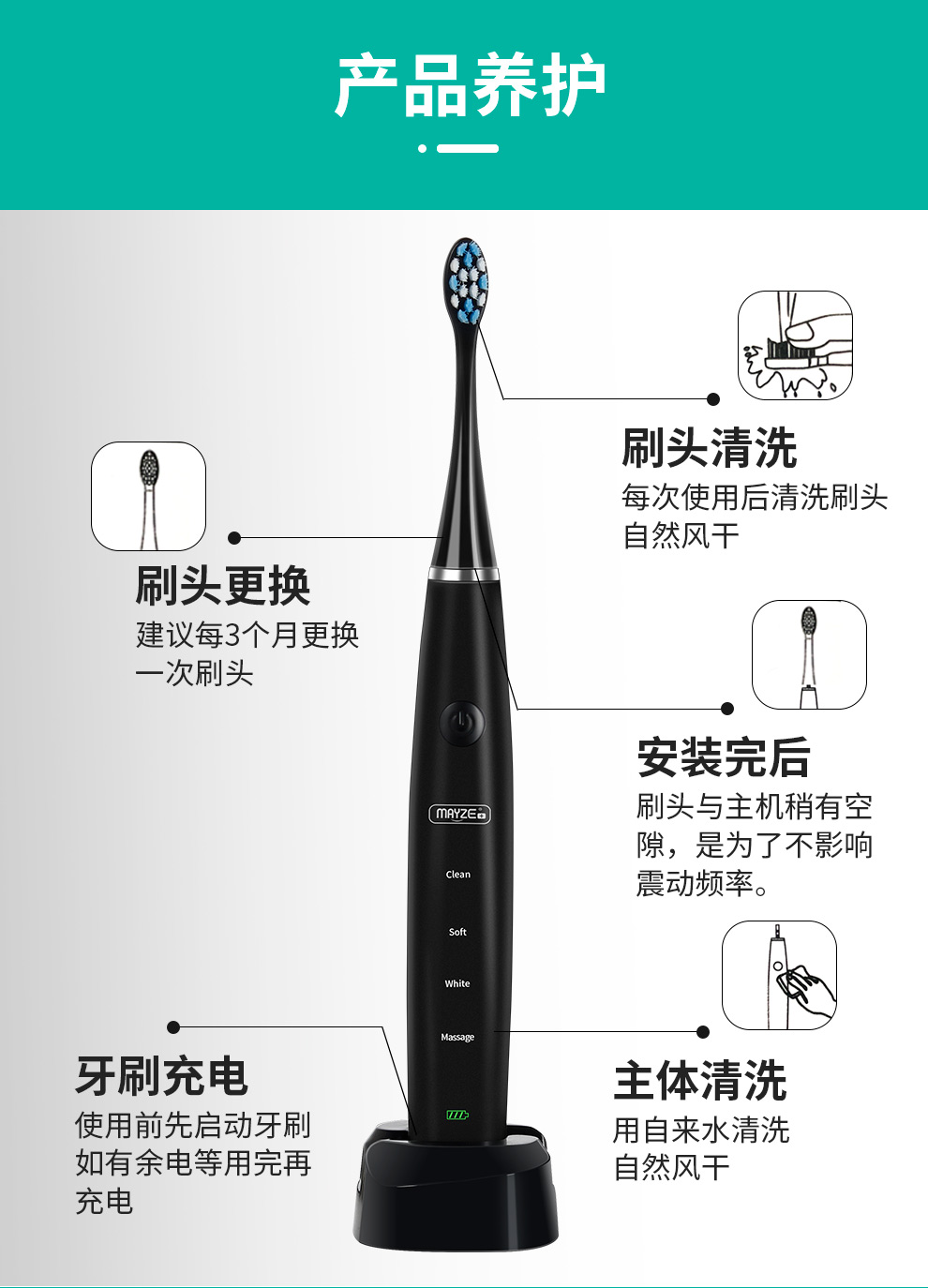 麦喆MAYZE EB001智能声波电动牙刷套装含6个刷头(图15)